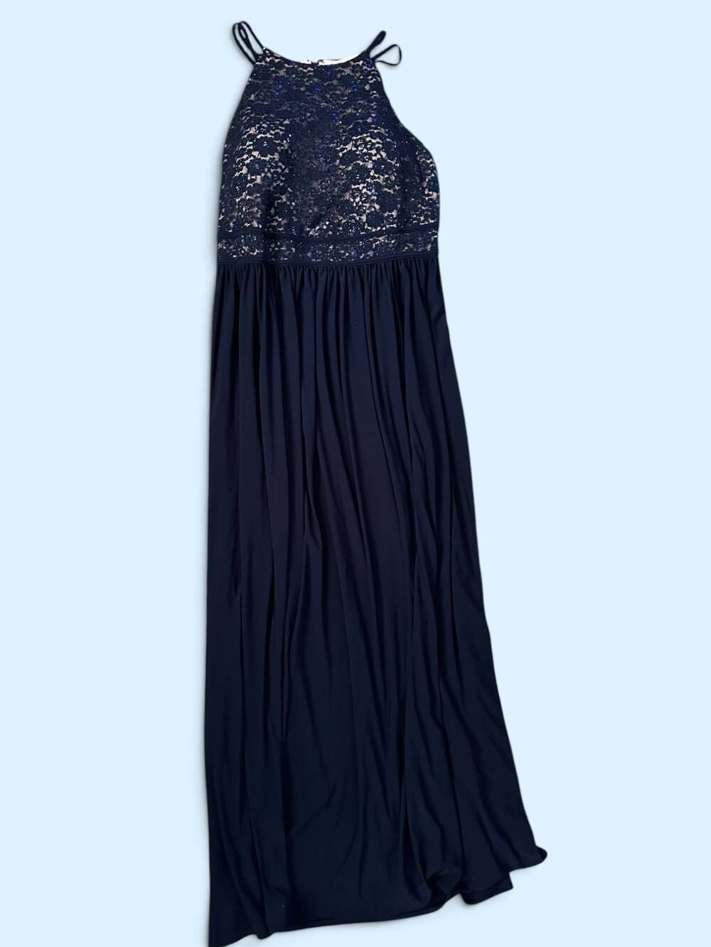 Morgan & Co. Navy Blue Sequin Lace Halter Maxi Gown Size 14W